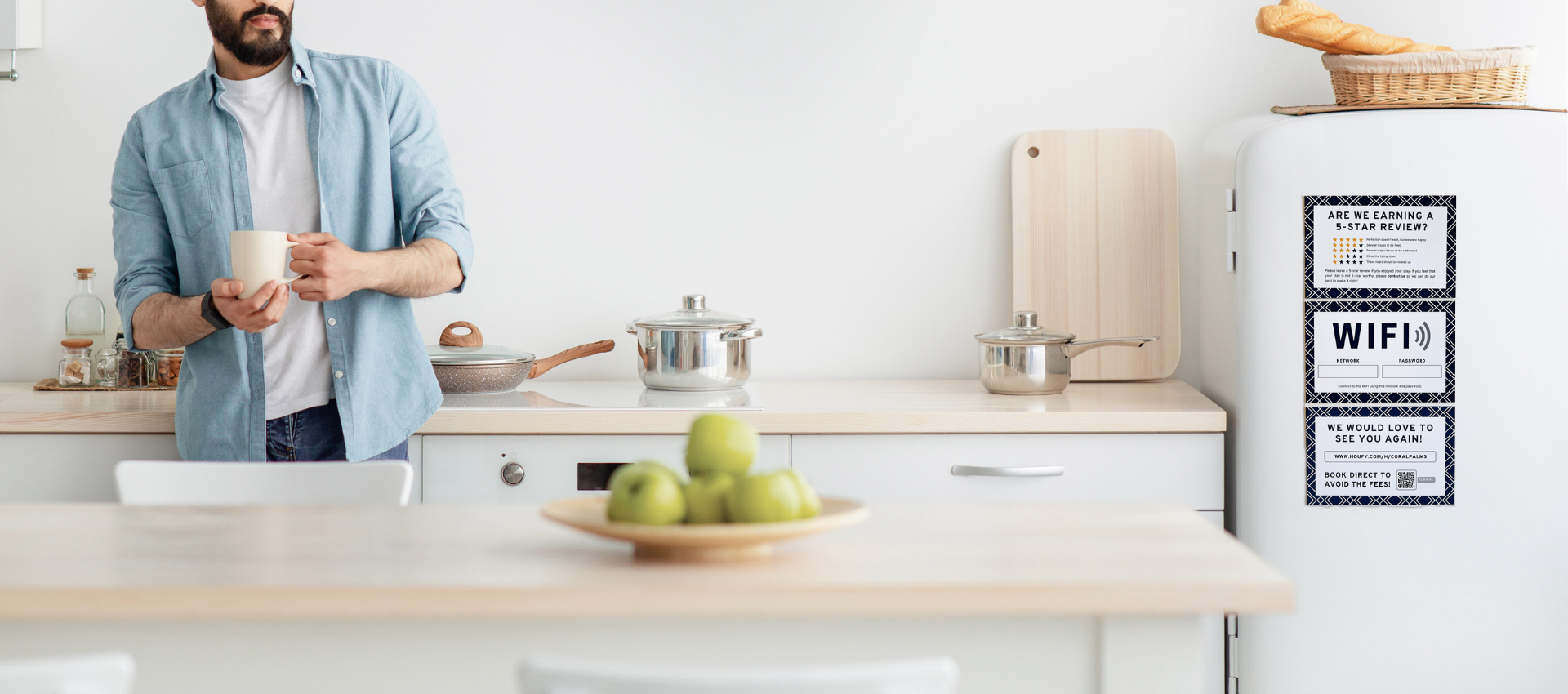 Airbnb guest in kitchen looking at Airbnb host magnets rating explanation, wifi, direct bookings